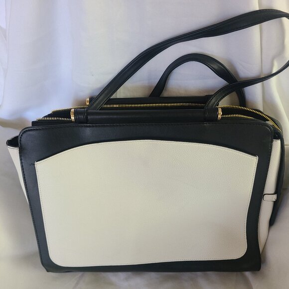 A New Day Satchel Purse Bag w/ Padded Laptop Section Black & White Gold Hardware - Picture 1 of 10